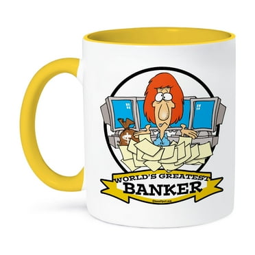 3dRose, Funny Worlds Greatest Banker Occupation Job Cartoon, 11oz Two-Tone Yellow Mug