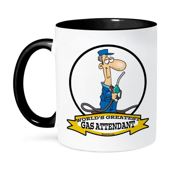 3dRose, Funny Worlds Greatest Gas Attendant Cartoon, 15oz Two-Tone Black Mug