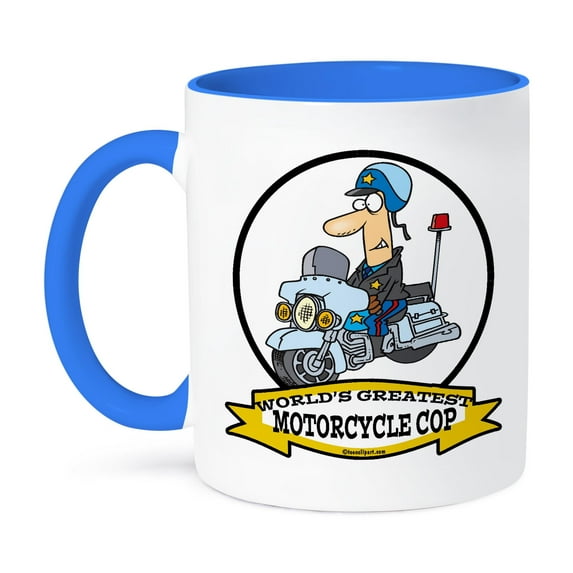 3dRose, Funny Worlds Greatest Motorcycle Cop Cartoon, 11oz Two-Tone Blue Mug