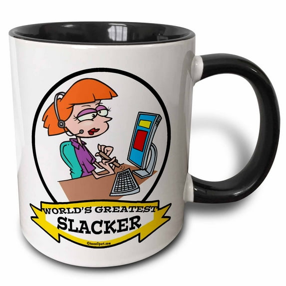 3drose, Funny Worlds Greatest Slacker Women Worker Cartoon, 15oz Two-tone Black Mug