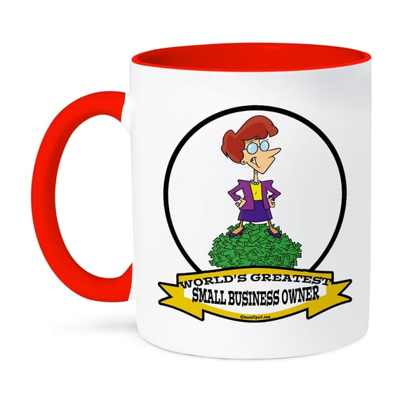 3dRose, Funny Worlds Greatest Small Business Owner Woman Cartoon, 11oz Two-Tone Red Mug