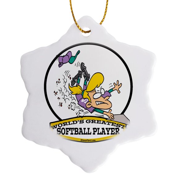 3drose, Funny Worlds Greatest Softball Player Cartoon, 3 inch Snowflake Porcelain Ornament