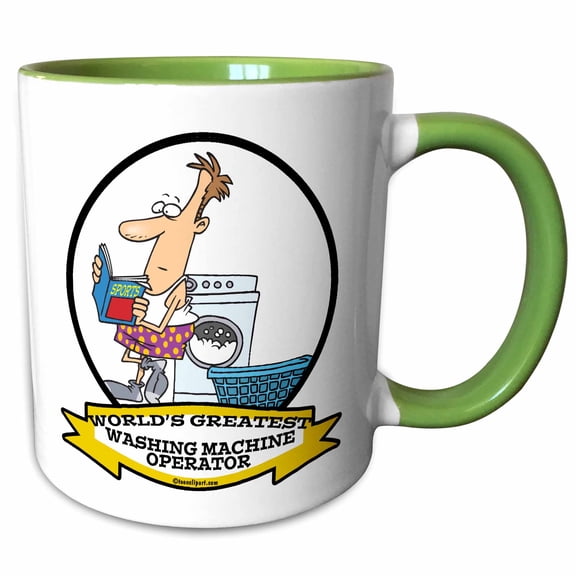 3drose, Funny Worlds Greatest Washing Machine Operator Cartoon, 11oz Two-tone Green Mug