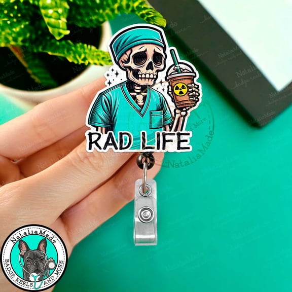 Funny XRAY Retractable Badge Reel, Rad Life Skeleton Coffee Name Holder Clip, Heavy Duty Reel, Lanyard, Carabiner, MRI Safe, X Ray Tech Gift