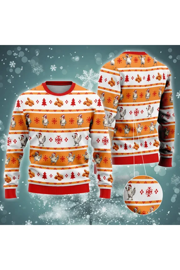 Funny Xmas Chickens Christmas Sweater For Men Women, Fried Chicken All Over Printed Sweaters, Holiday Crewneck Unisex Pullover Sweater