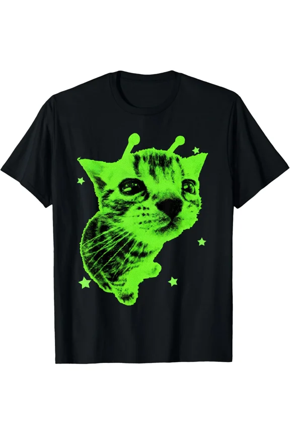 Funny Y2K Alien Cat Meme Retro Silly Cat Design Animal Lover Unisex T-Shirt, S-5XL