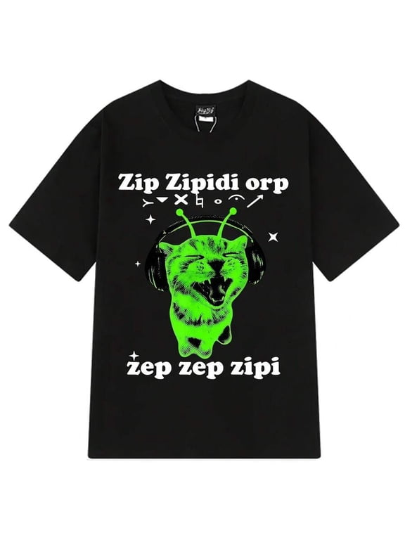 Funny Y2K Alien Cat Meme T-Shirt Black Unisex Short Sleeve Loose Fit