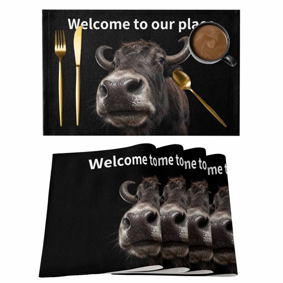 Funny Yak Placemats Set of 4 Welcome To OUR Place Modern Retro Place Mats Indoor Wipeable Table Mats Washable Cloth Dining Table Placemats for Kitchen Holiday Party Home Decor 13x19 Inch