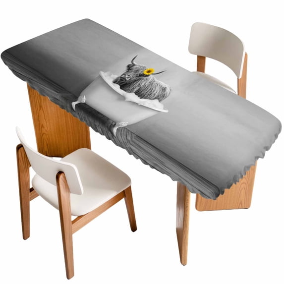 Funny Yak Table Cloths for 8 Foot Rectangle Tables, Cute Art Vintage Lovely Animals on Bathtub Patio Waterproof Elastic Fitted Tablecloths, Washable Rectangular Table Cover for Camping