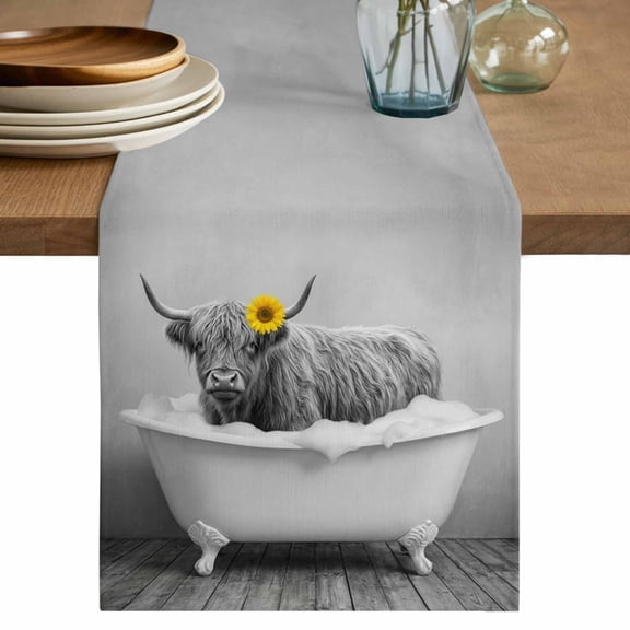 Funny Yak Table Runner, Cute Art Vintage Lovely Animals on Bathtub Washable Cotton Linen Table Runners 36 Inches Long, Dresser Scarf Runner for Nightstand/End Tables/Round Tables 13''x36''