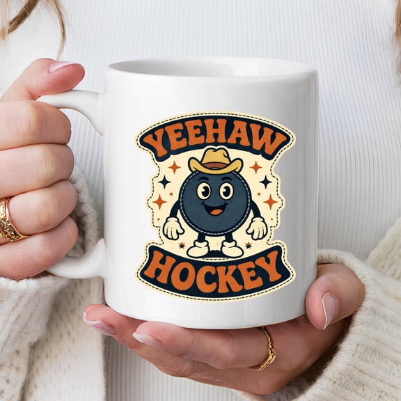 Funny Yeehaw Hockey Mug Gift Cartoon Puck Cowboy Design Coffee Cup Sports Fan Present Western Humor Drinkware Gift For Him & Her