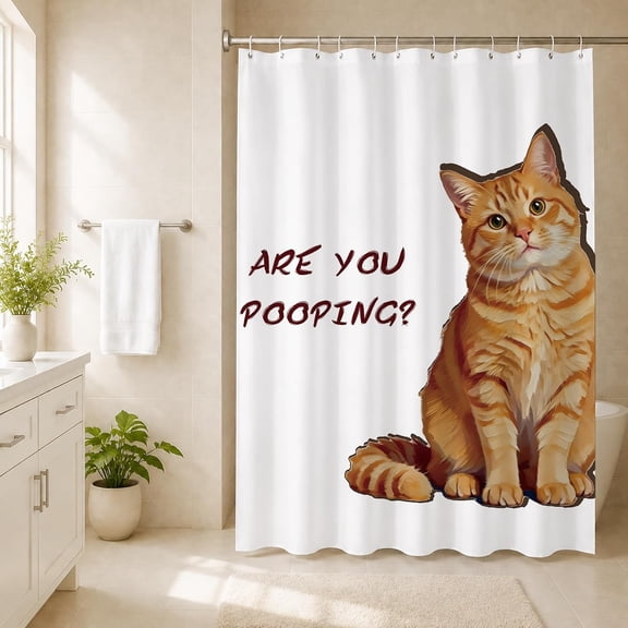 Funny Yellow Cat Pooping Shower Curtain with Built-in Hooks, Waterproof, Machine Washable, for Bathroom