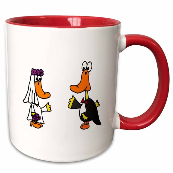 3drose, Funny Yellow Ducks Bride and Groom Wedding Cartoon, 15oz Two-tone Red Mug