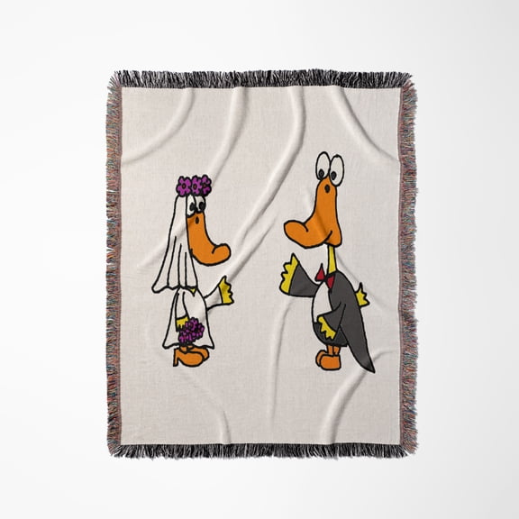 Funny Yellow Ducks Bride And Groom Wedding Cartoon, Woven Blanket