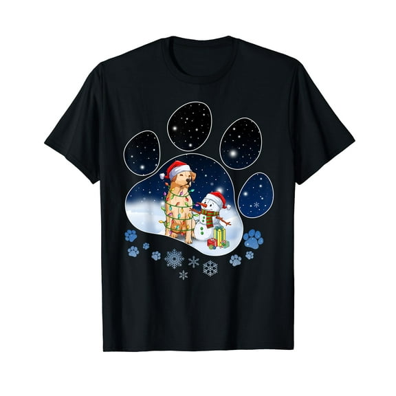 Funny Yellow Labrador Dog Paw Christmas Shirt Snowman Xmas Black T-Shirt