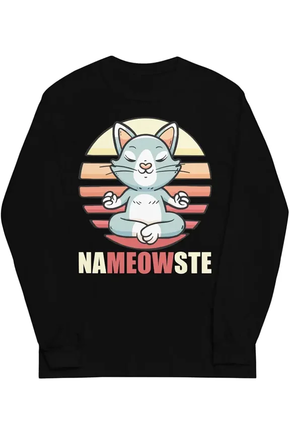 Funny Yoga Cat Nameowste Long Sleeve T-Shirt, Retro Sunset Meditation Graphic Tee for Men and Women
