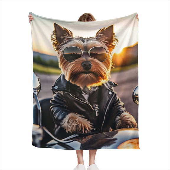 Funny Yorkshire Terrier Puppy Dog Yorkie in 70s Sunglasses & Motorcycle Jacket Lightweight 50x60 Throw Blanket for Sofas, Home Decor, Travel, Lounging