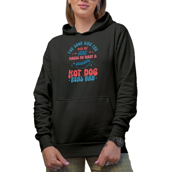 Funny You Look Like the 4th of July, Hot Dog Art Merch Gift, Black Hooded Sweatshirt or Hoodie, Small