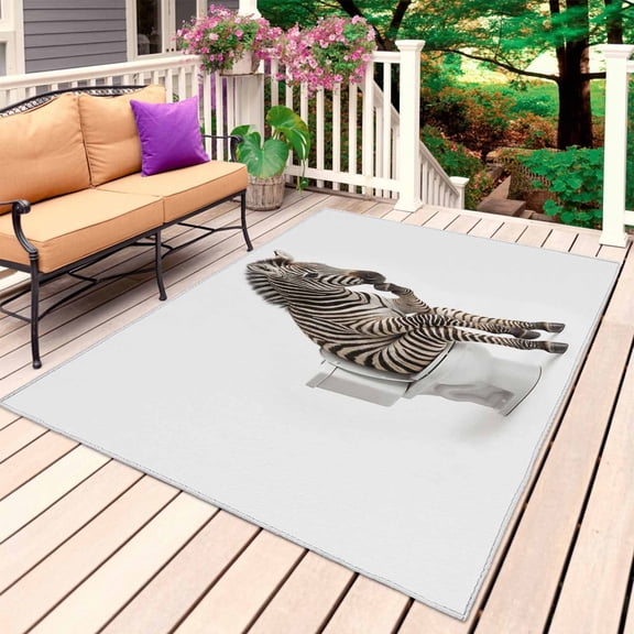 Funny Zebras Outdoor Rug 5x8 Ft, Non Slip Washable Area Rug, Cute Art Fun Lovely Animals on Toilets Patio Rugs Carpet Runner, Large Floor Mat for Indoor/Outdoor Deck Porch Camping