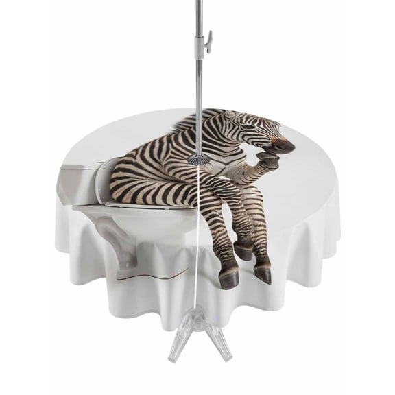 Funny Zebras Outdoor Tablecloth - 60 Inch Round Dining Table Cover, Cute Art Fun Lovely Animals on Toilets Waterproof Outdoor Table Cloth with Umbrella Hole & Zipper for Picnic/Patio/Party