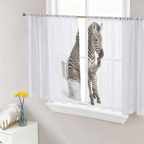 Funny Zebras Sheer Curtains 54 Inch Length 2 Panels Set Window Treatments, Cute Art Fun Lovely Animals on Toilets Rod Pocket Semi Curtains for Living Room/Bedroom/Kitchen Décor, 104"W x 54"L