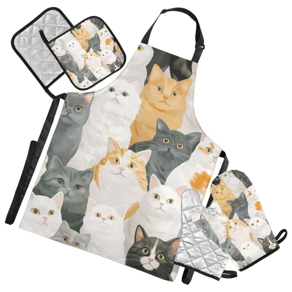 Funny and Cute Cats Oven Mitts and Pot Holders with Chef Apron Set 5 Pcs Kitchen Cooking Set