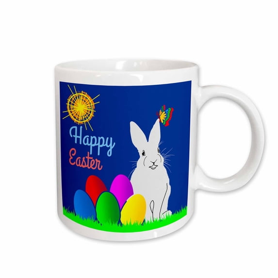 Funny bunny, painted eggs, colorful butterfly, sun. Happy Easter 15oz Mug mug-276033-2