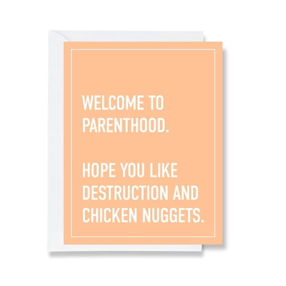Funny card for new parents with humorous welcome message about chaos and chicken nuggets, perfect for congratulating new moms and dads.