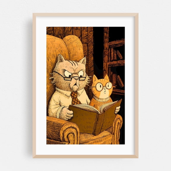 Funny cartoon of an old frog and a youger frog - Digital Art Cat Animal Whimsical Humor Fantasy Oak Framed Wall Art Print 24 x 36 inches