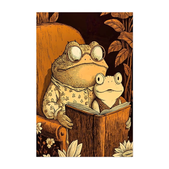 Funny cartoon of an old frog reading a book - Digital Art Whimsical Animal Woodland Fantasy Floral Vintage Unframed Wall Art Print 4 x 6 inches