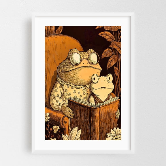Funny cartoon of an old frog reading a book - Digital Art Whimsical Animal Woodland Fantasy Floral Vintage White Framed Wall Art Print 24 x 36 inches