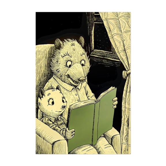 Funny cartoon of an old opposum-reading a book - Digital Art Whimsical Animal Night Sky Woodland Fantasy Unframed Wall Art Print 20 x 30 inches