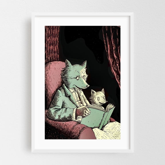Funny cartoon of an old wolf reading a book - Illustration Fox Animal Reading Surrealism Whimsical Fantasy White Framed Wall Art Print 24 x 36 inches