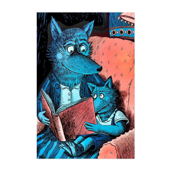 Funny cartoon of an old wolf reading a book - Illustration Reading Whimsical Fantasy Unframed Wall Art Print 24 x 36 inches