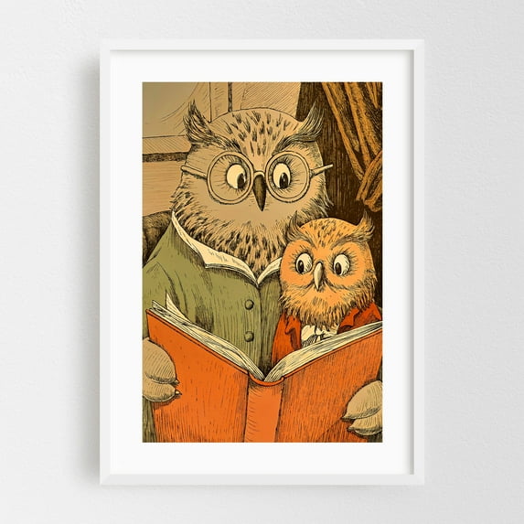 Funny cartoon of an old owl reading a book - Illustration Reading Whimsical Animal Vintage Library Woodland White Framed Wall Art Print 12 x 18 inches