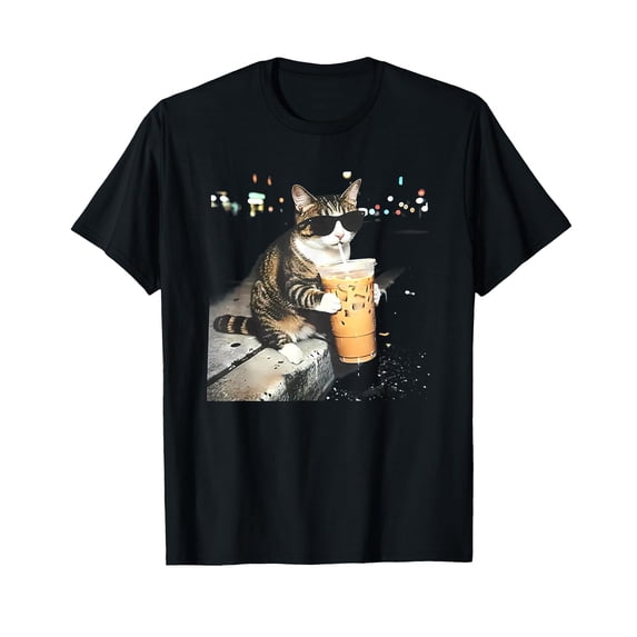 Funny cat Drinking iced Coffee T-Shirt