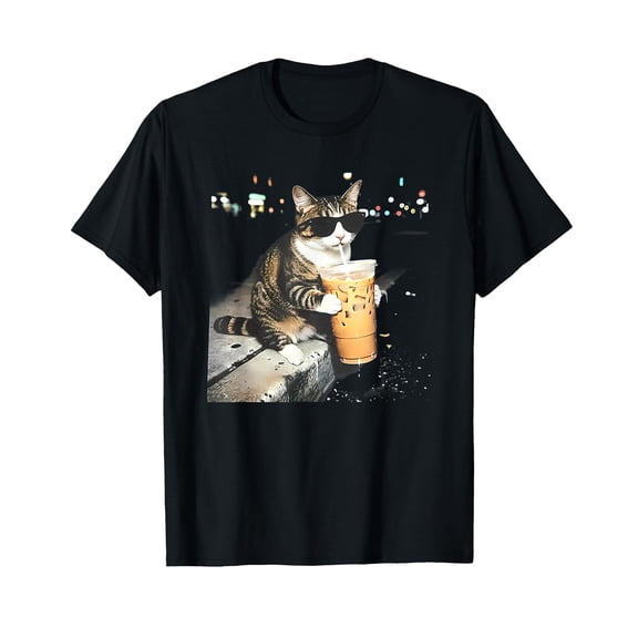 Funny cat Drinking iced Coffee T-Shirt