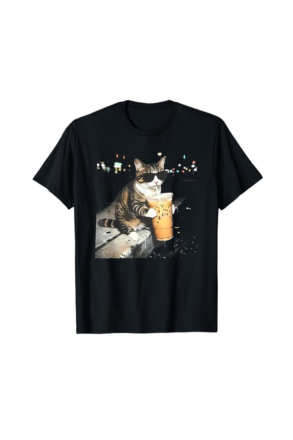 Funny cat Drinking iced Coffee T-Shirt