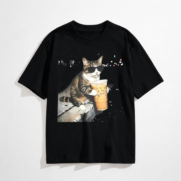 Funny cat Drinking iced Coffee T-Shirt