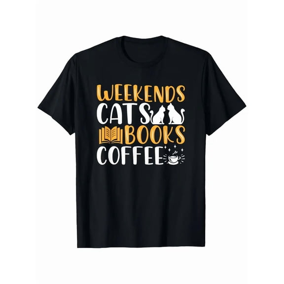 Funny for cat Lovers T-Shirt with Weekend for cat Books & Coffee Graphic - with Orange Lettering & Sleeping Kitten Design - Lightweight All-Season Casual Round Neck Short