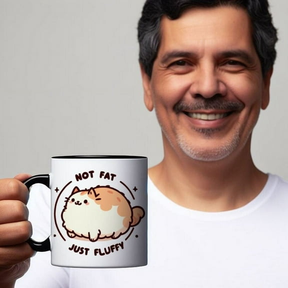 Funny cat mug not fat just fluffy relatable kitten chubby minimalist hilarious cute coffee tea mug gift for men women him her