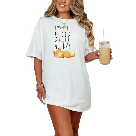 Funny cat t shirt, cute cat t shirt, I want to sleep all day t shirt, adorable sleep cat graphic tee, cozy lazy day shirt, White Comfort Colors T-Shirt, Medium