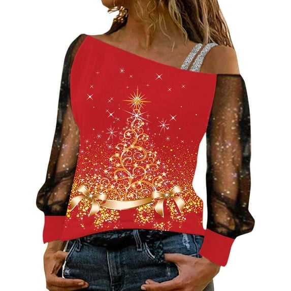 Funny christmas shirts Off Shoulder long sleeve shirts for women Elegant Lace Blouse Casual Loose Fit Top For Daily Wear And Comfortable Stretchable Soft Fabric Fashion Female Apparel