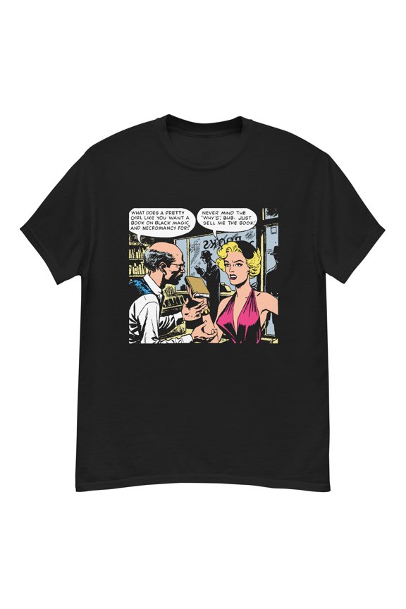 Funny horror comic panel "book on black magic" t-shirt