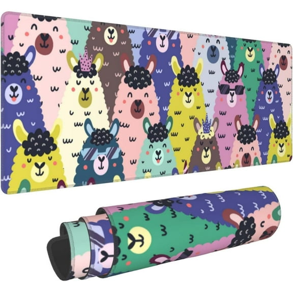 Funny llama colorful Large Mouse Pad for Desk XL Gaming Mouse Pad 31.5x11.8in Extended Desk Mat Non-Slip Base Desk Pad with Stitched Edge Computer Keyboard Mouse Mat Gaming Mousepad for Home Office
