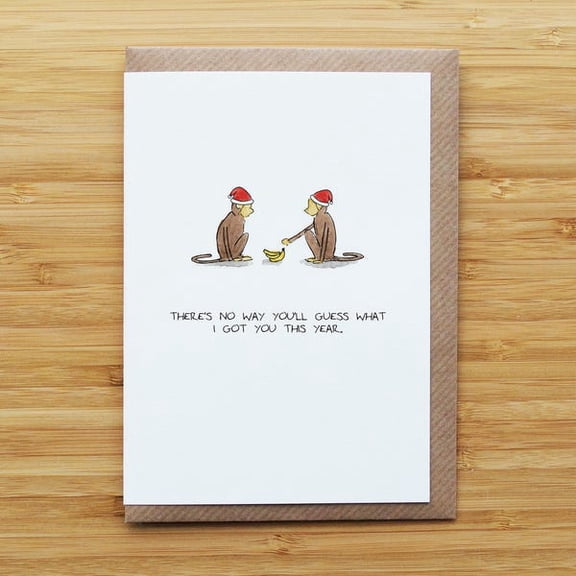 Funny monkey Christmas card for kids, featuring two monkeys in Santa hats sharing a banana, great for holiday greetings.