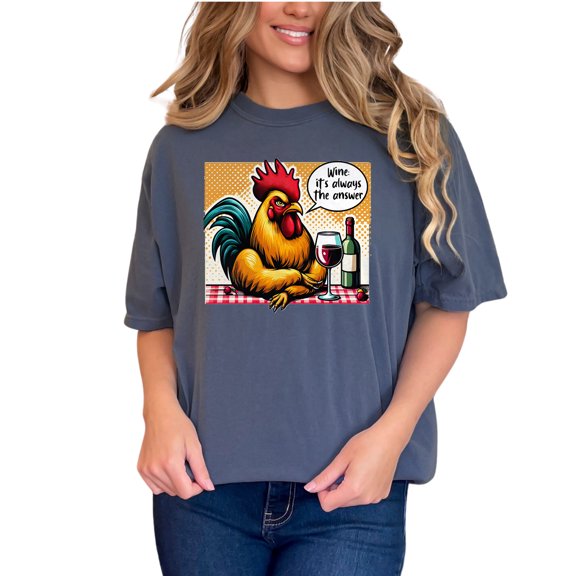 Funny rooster drinking wine graphic tee, vintage style rooster shirt, wine lovers gift, humorous chicken print t-shirt, Denim Comfort Colors T-Shirt, XL