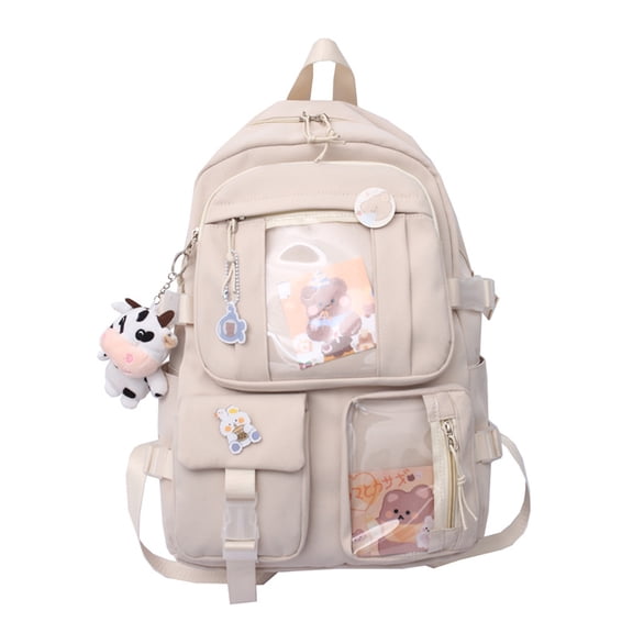 FunnyBeans Kawaii Backpack with Bear Pendant, Canvas Students Schoolbag Shoulder Tote Bag Casual Daypack Back to School (Beige)