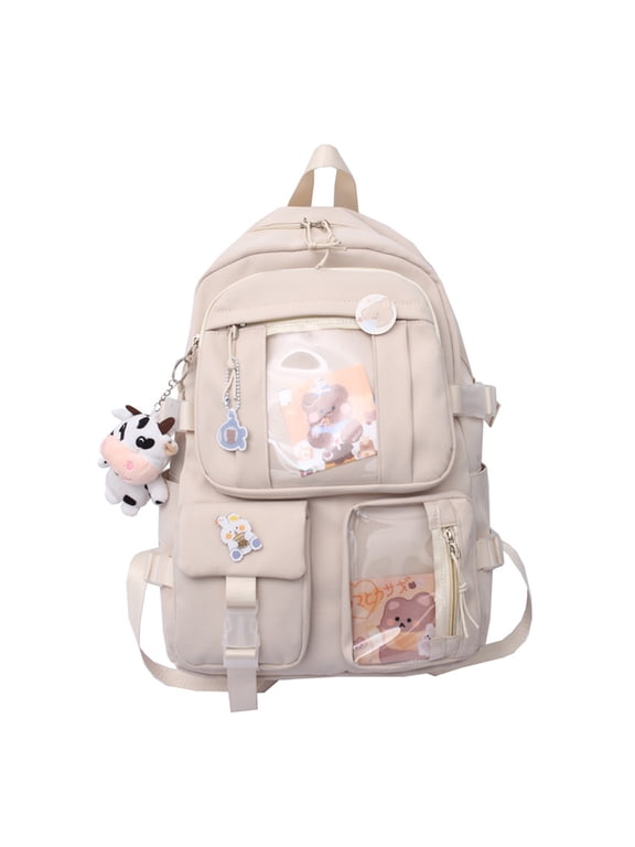 Kawaii Backpack with Bear Pendant, Canvas Students Schoolbag Shoulder Tote Bag Casual Daypack Back to School (Beige)