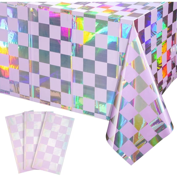 3Pack Iridescent Checkered and Purple Plastic Tablecloths Shiny Disposable Laser Rectangle Table Covers Foil Tablecloth Iridescent Party Decorations Birthday Bridal Baby Shower, 54x108Inch